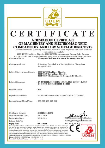 China Changzhou Welldone Machinery Technology Co.,Ltd Certificaciones